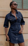 Leilani Mini Dress Denim Short Sleeve Button Up Dress with Gold Hardware in Indigo Denim