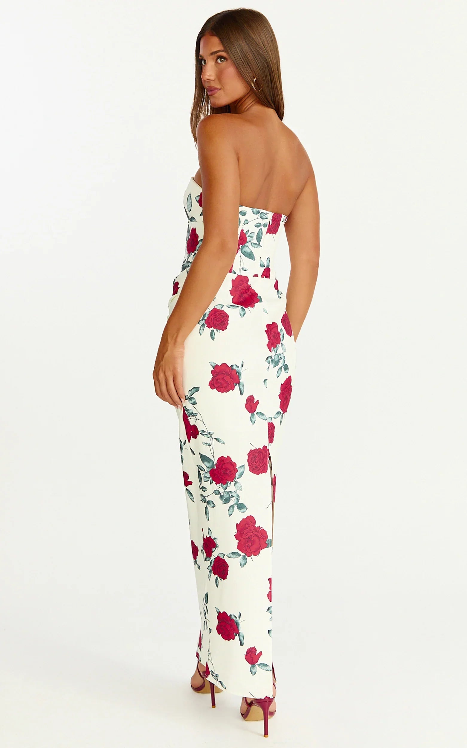 Dahlia Midi Dress Strapless Draped Cowl Waist Fitted Dress in Scarlet Rose Print
