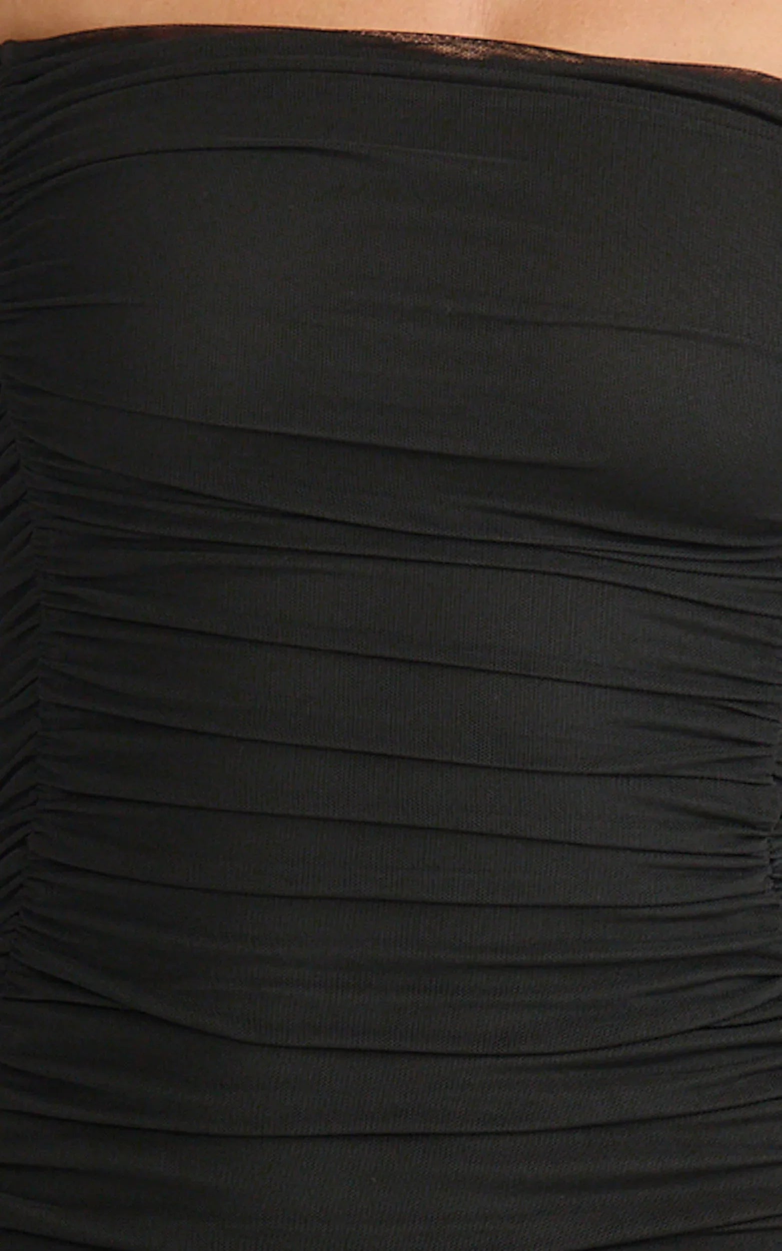 Lara Maxi Dress Strapless Ruched Mesh High Leg Split Dress in Black