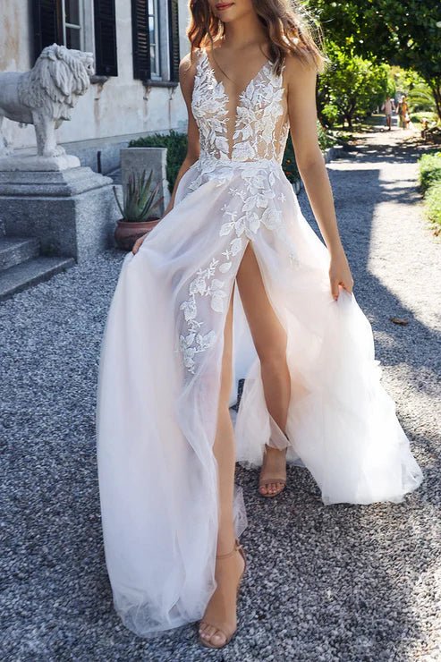 Attractive Illusion Deep V Neck Lace Appliques Boho Wedding Dress with Slit