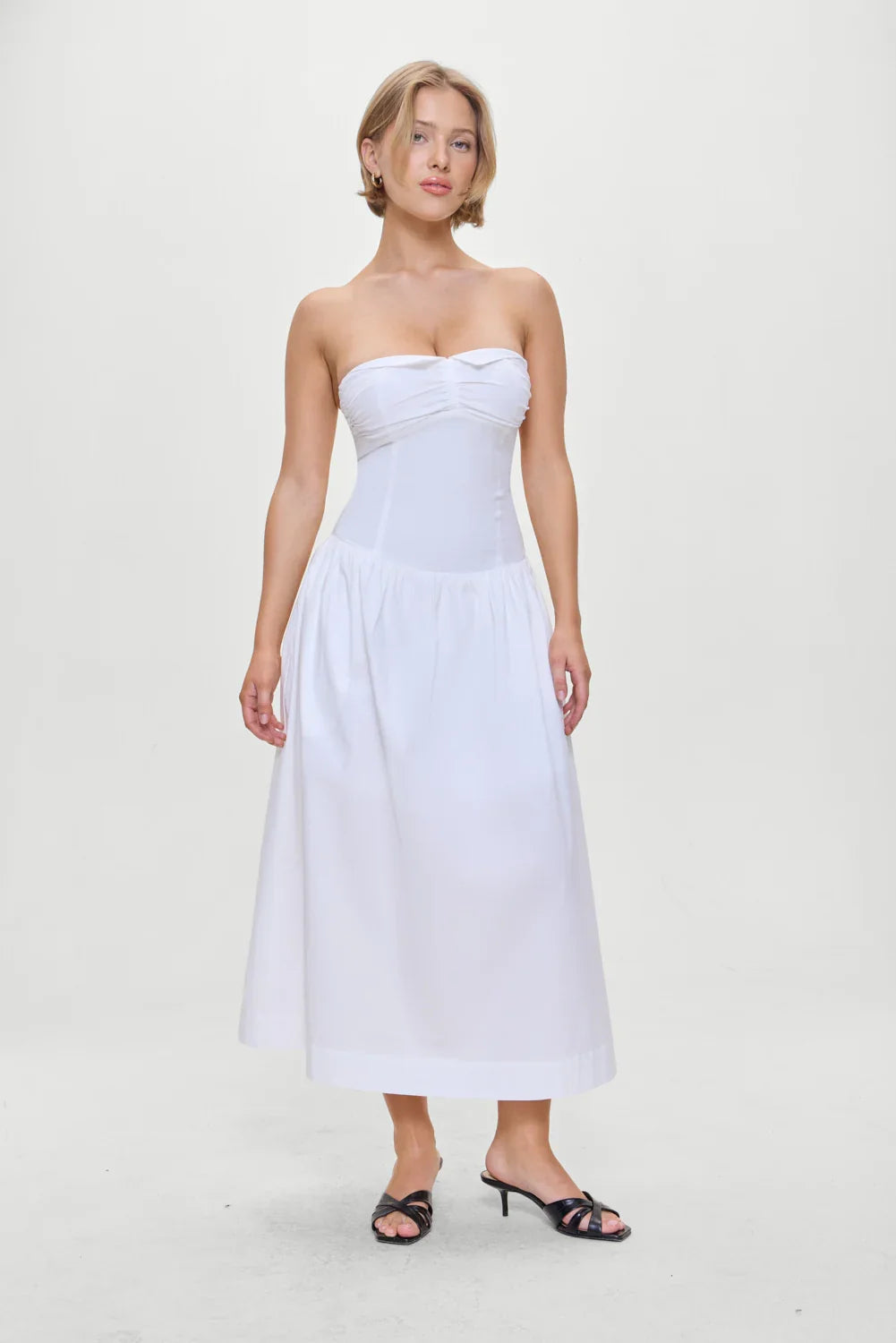 Horizon Strapless Collared Midi Dress White