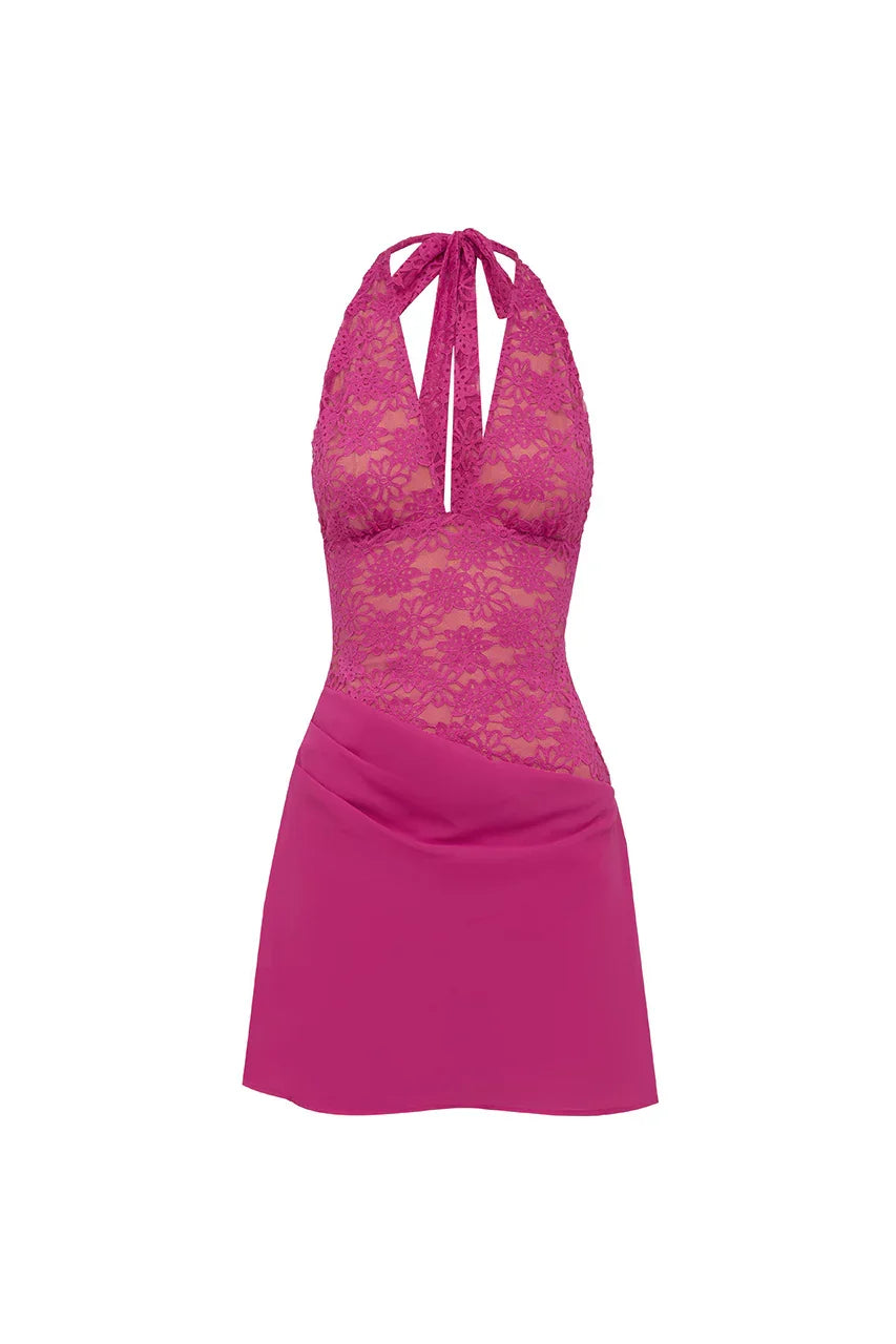 LINA HALTER DRAPED MINI DRESS BERRY