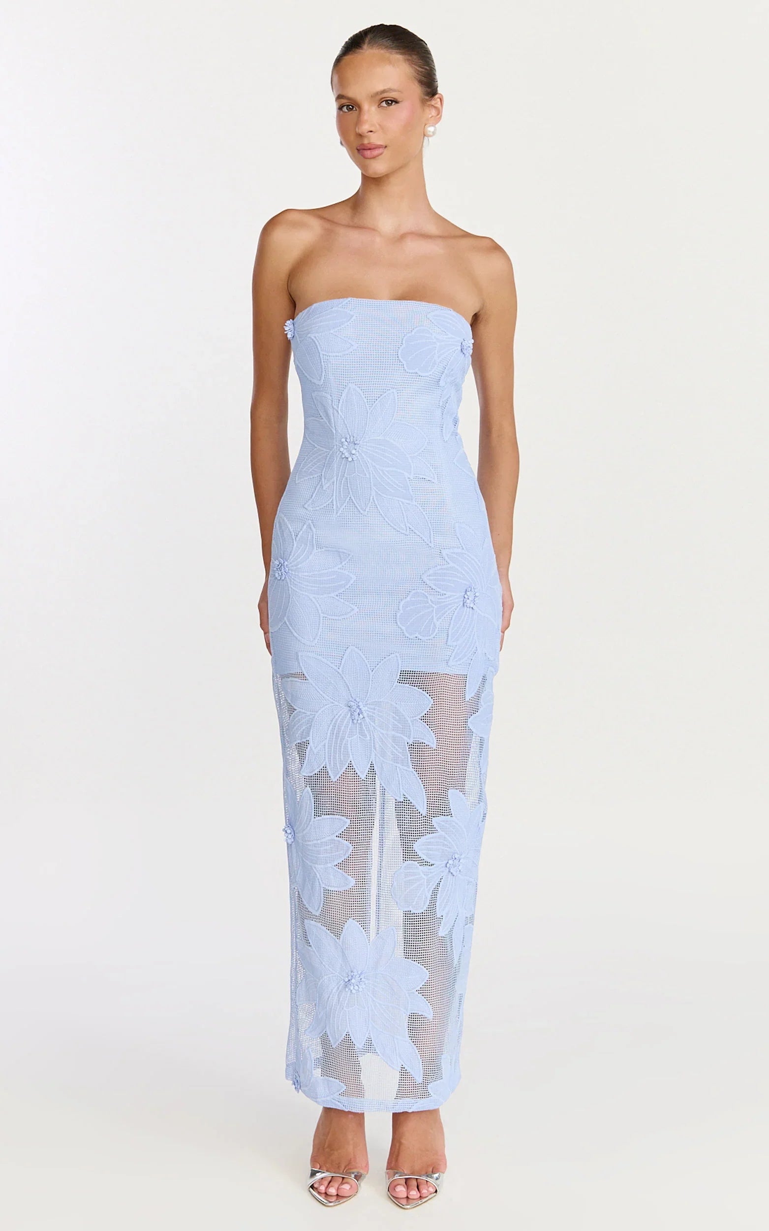 Sienna Midi Dress Strapless Floral Embroidered Bodycon Dress in Blue