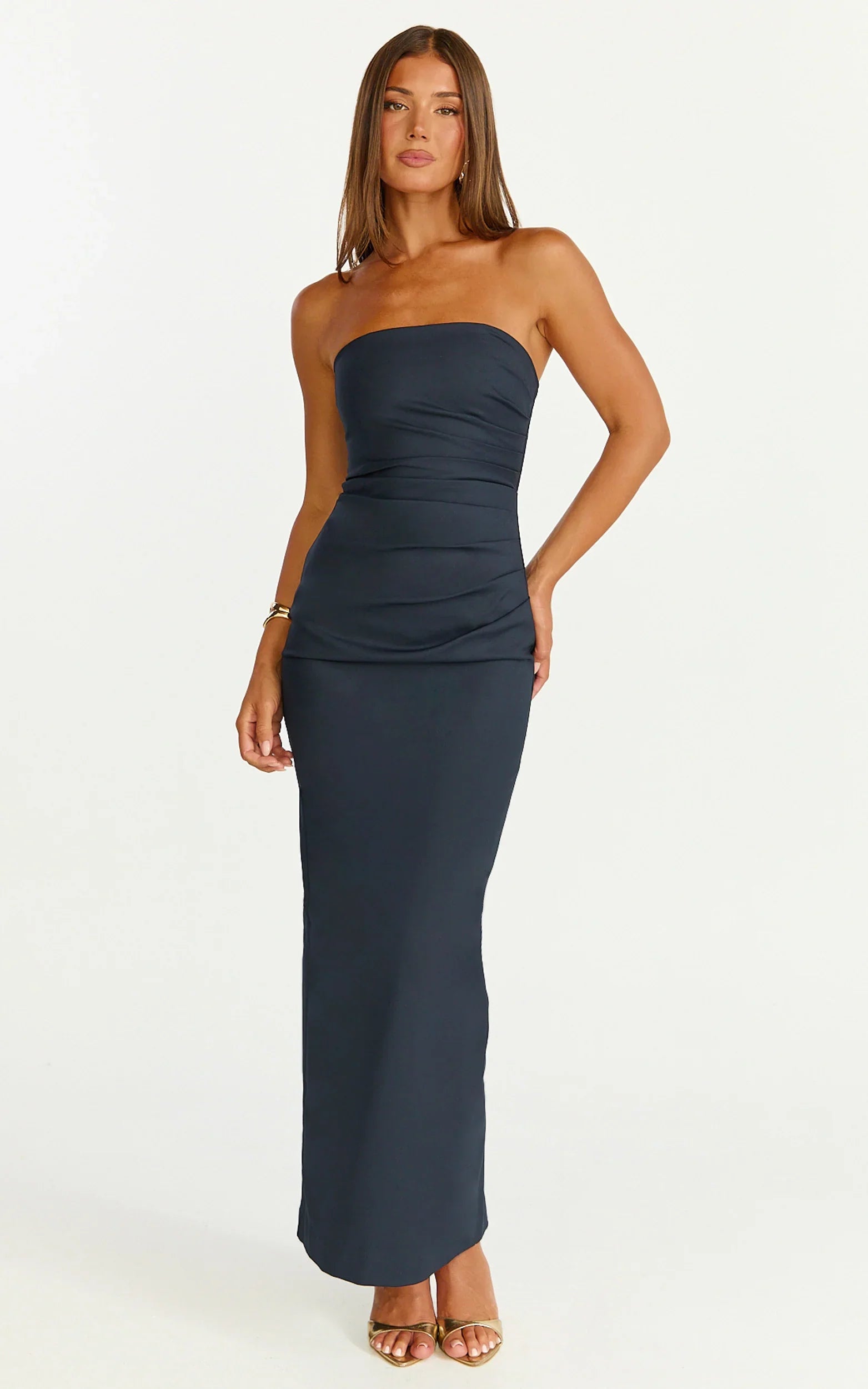 Jamie Maxi Dress Strapless Ruched Fitted Column Dress in Navy
