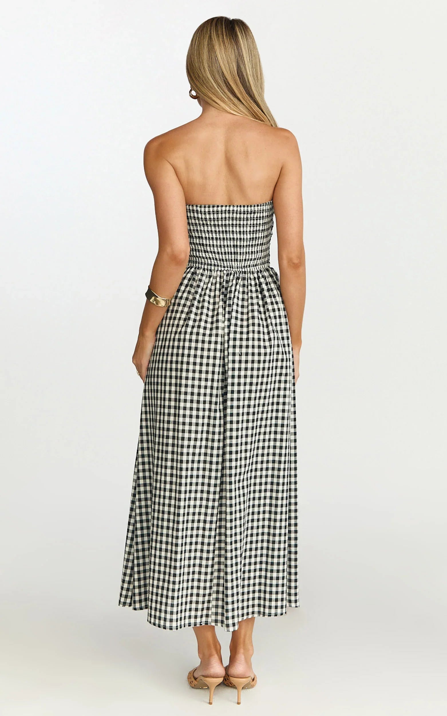 Polly Midi Dress Strapless Ruched Dress in Black Check