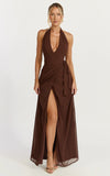 Eva Maxi Dress Plunge Halter Wrap Dress in Chocolate