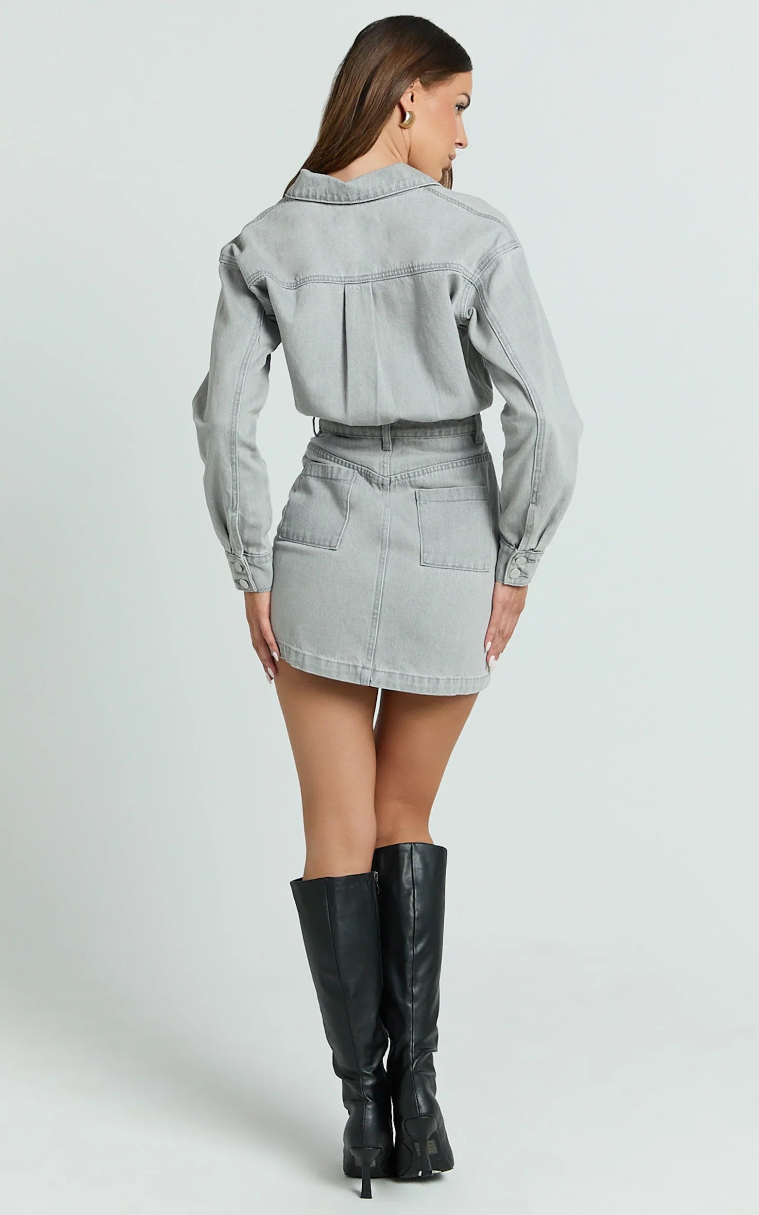 Kamala Mini Dress Long Sleeve Button Through Denim Dress in Grey