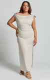 Cincinnati Midi Dress Off The Shoulder Side Split Column Linen Dress in Beige