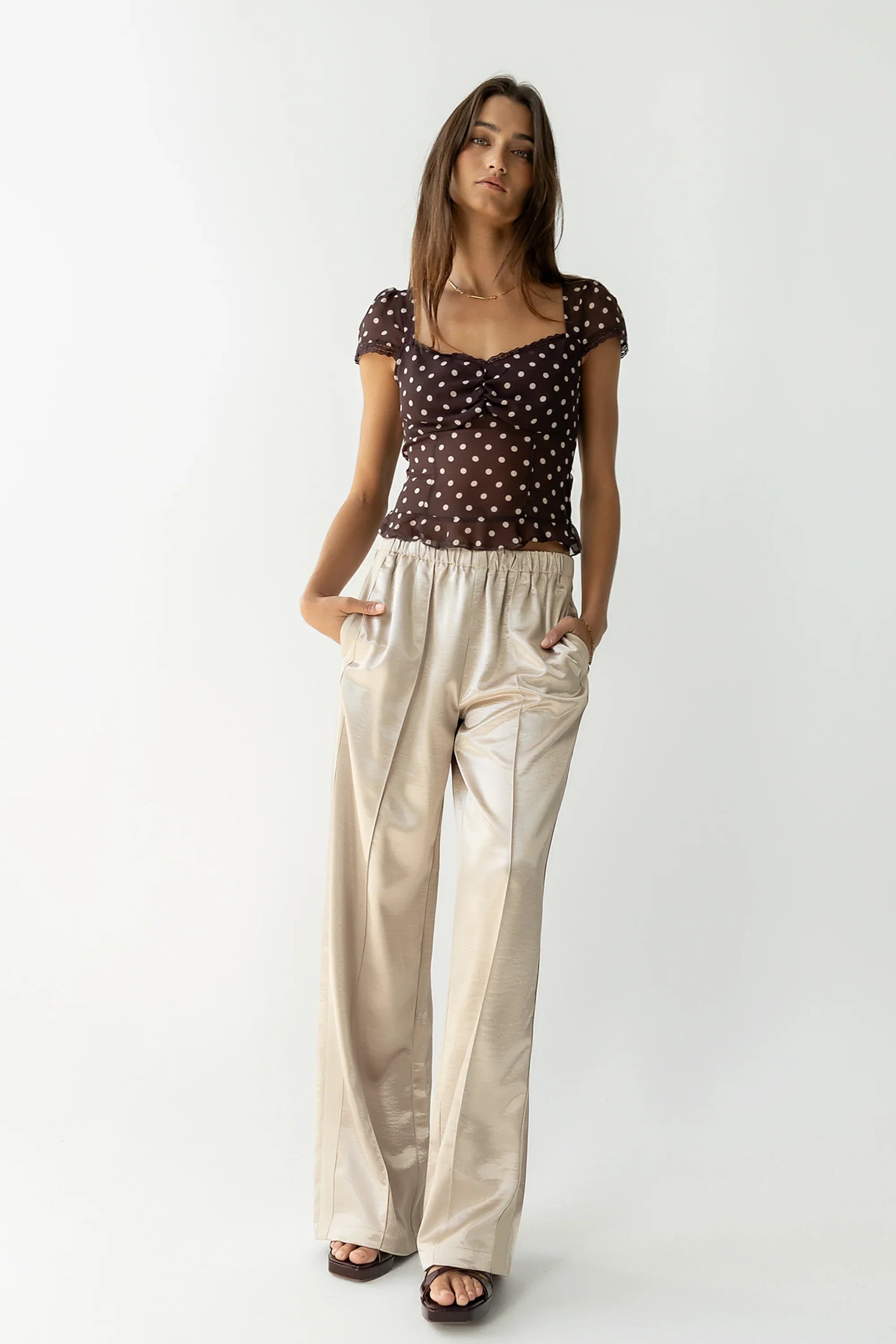 Gemma Satin Wide Leg Pants in Champagne