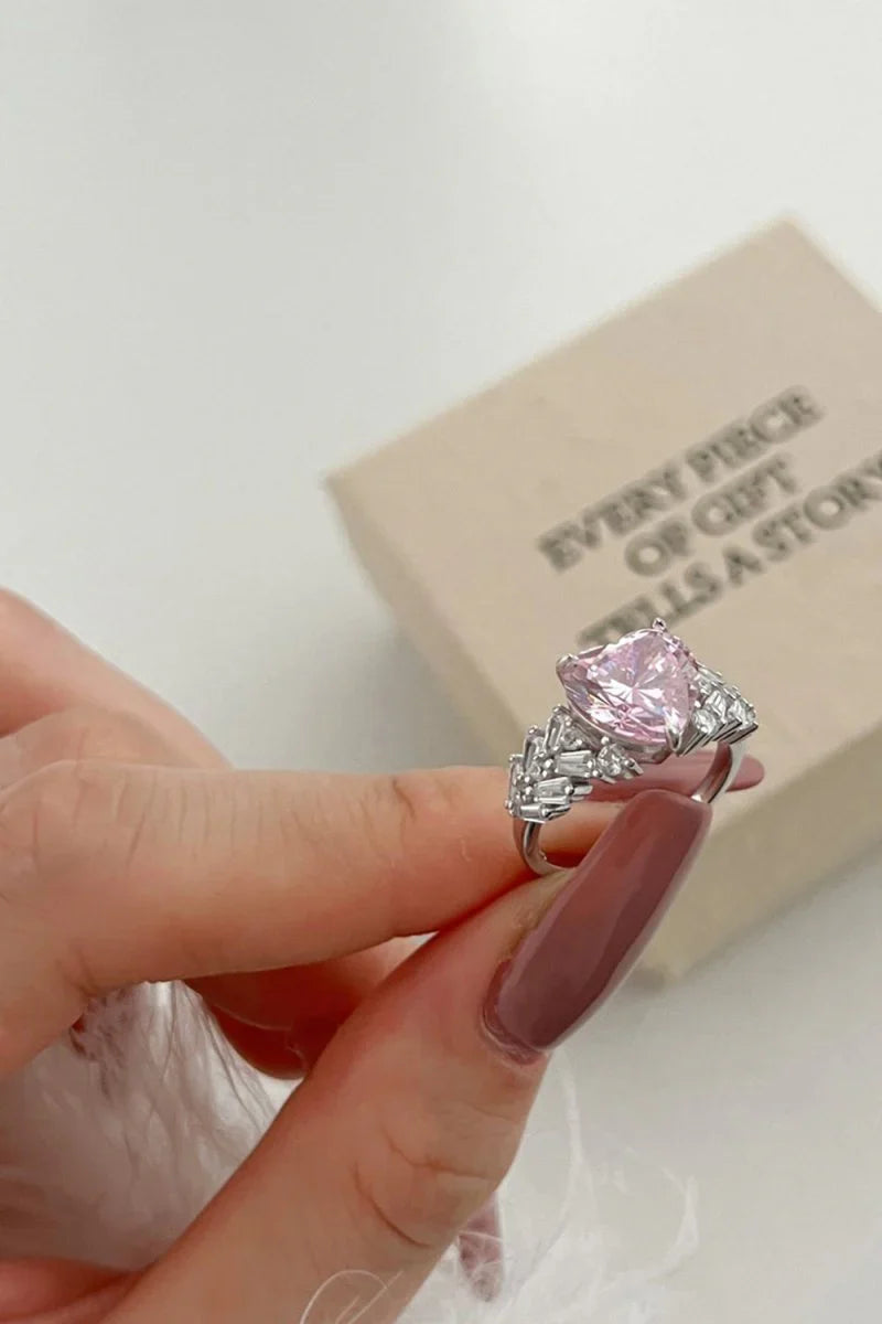 Sterling Silver Pink Heart Zircon Luxury Half Setting Ring