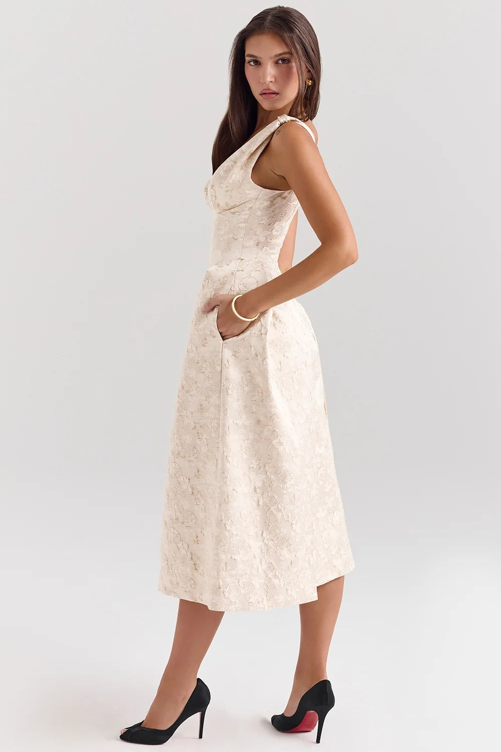 ivory metallic jacquard midi dress sale