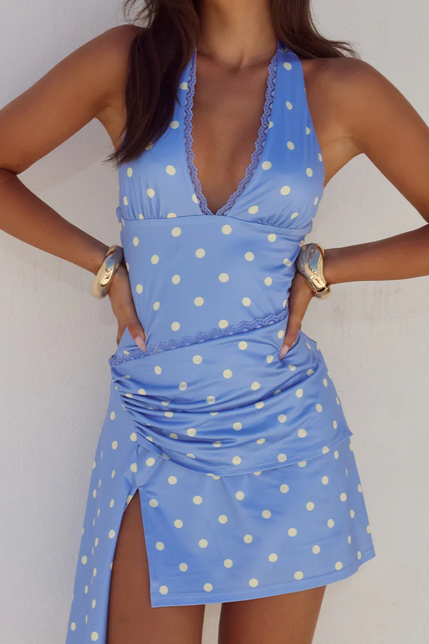CELYSE HALTER MINI DRESS PERIWINKLE LEMON POLKA
