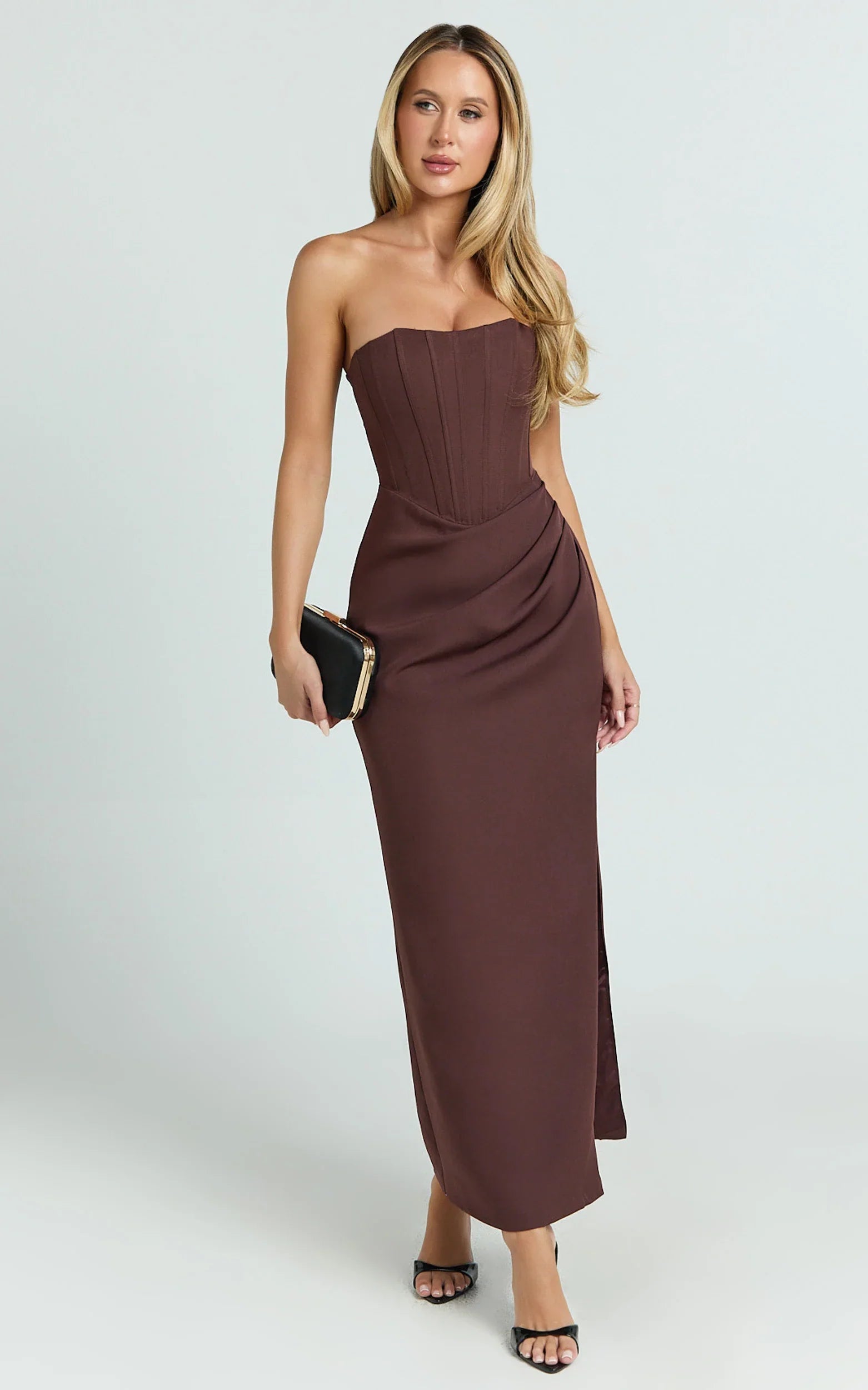 Avery Midi Dress Strapless Draped Side Split Dress in Chocolate