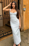 Benita Midi Dress Scoop Neck Ruched Fitted Dress in Blue
