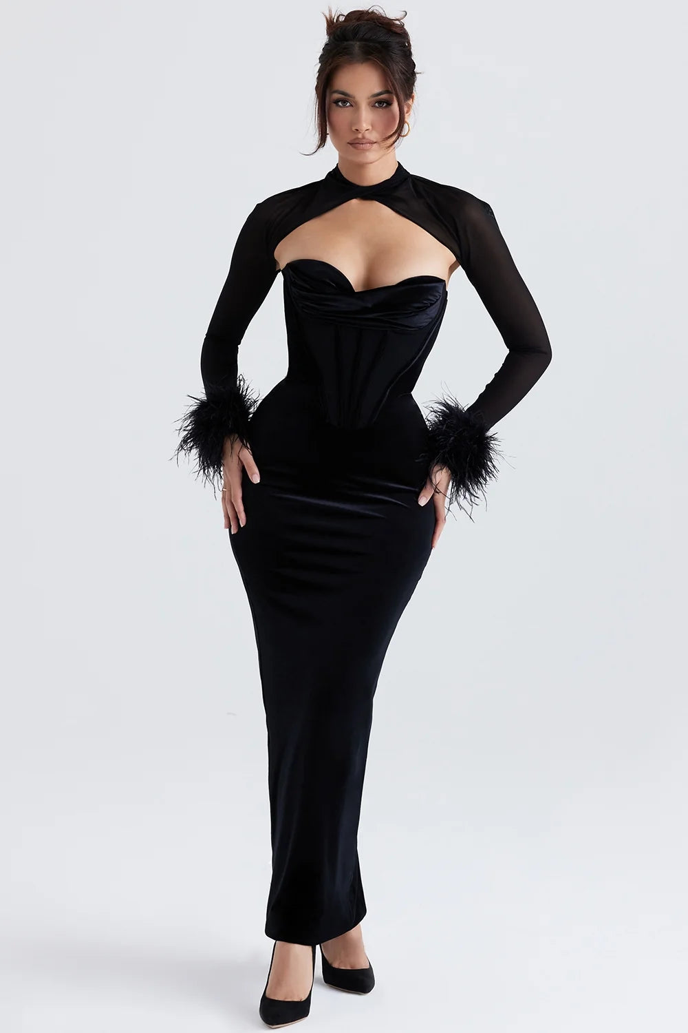 black velvet corset maxi dress