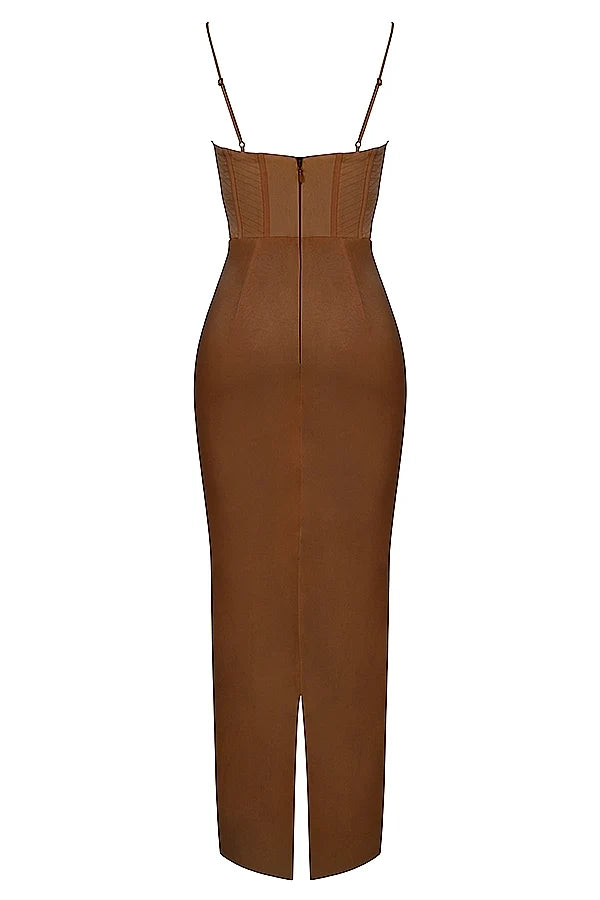 chocolate corset maxi dress