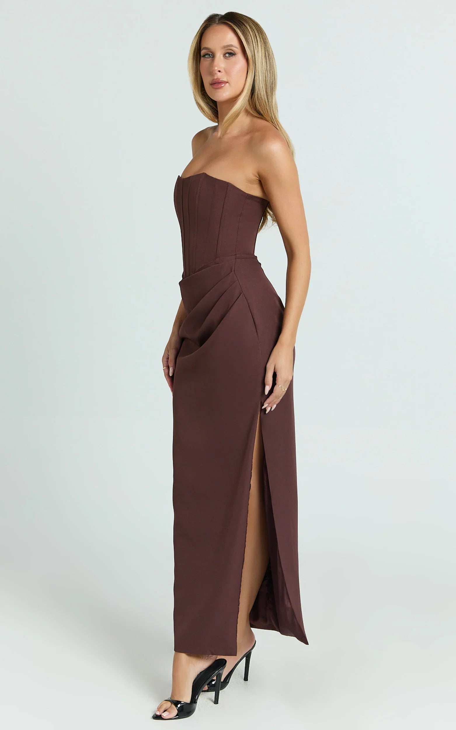 Avery Midi Dress Strapless Draped Side Split Dress in Chocolate