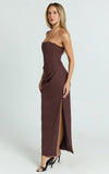 Avery Midi Dress Strapless Draped Side Split Dress in Chocolate