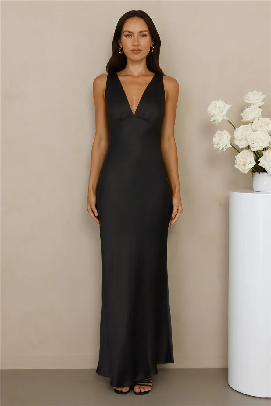The Isabeau Satin Maxi Dress Black