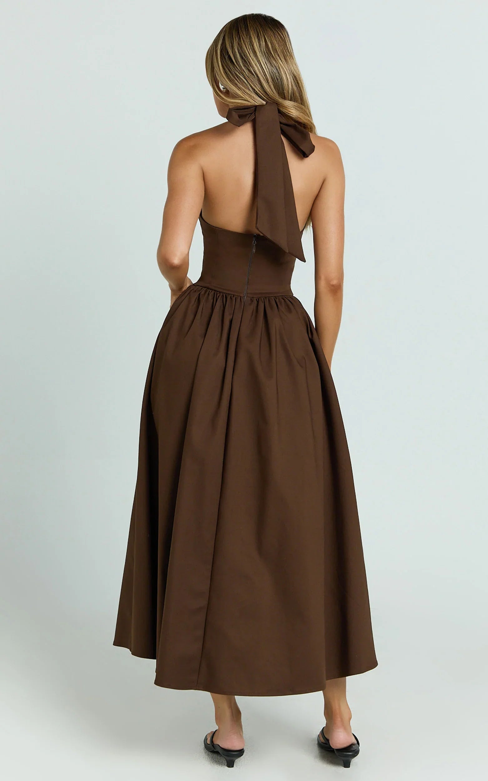 Helda Midi Dress Halter Tie Neck Corset Panel Dress in Chocolate