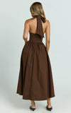 Helda Midi Dress Halter Tie Neck Corset Panel Dress in Chocolate