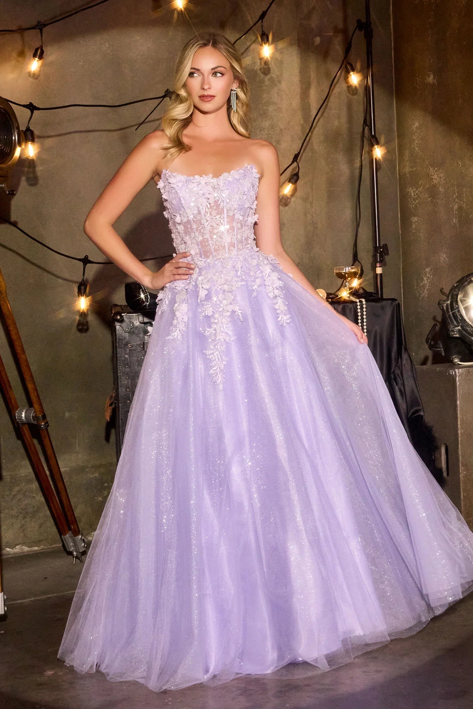 April Scoop Neck Ball Gown with Floral Appliqué