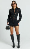 Fabia Mini Dress Denim Hardware Button Front Fitted Shirt Dress in Dark Wash