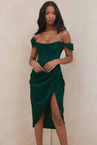 emerald green satin off shoulder dress