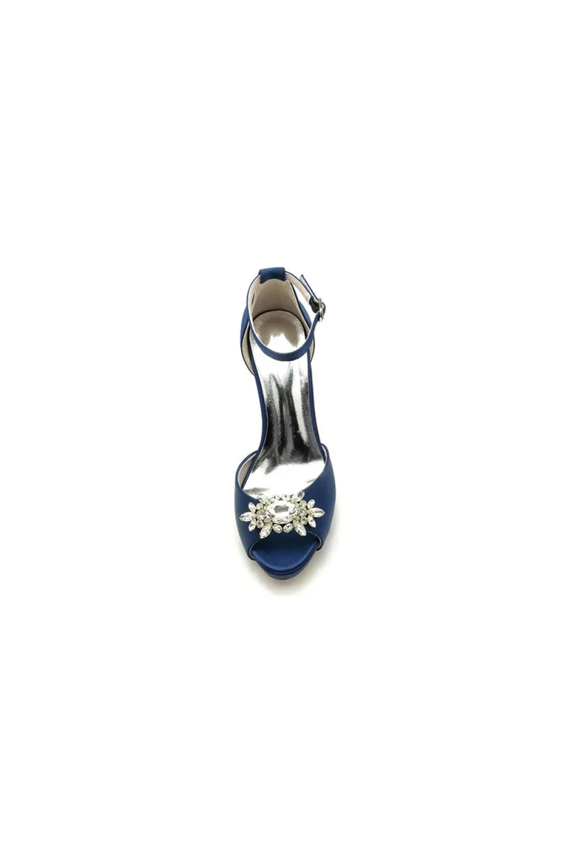 Royal Blue Silk Heels with Crystal Flower Ornament