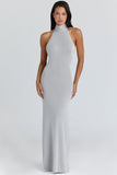 silver grey halter neck backless maxi dress