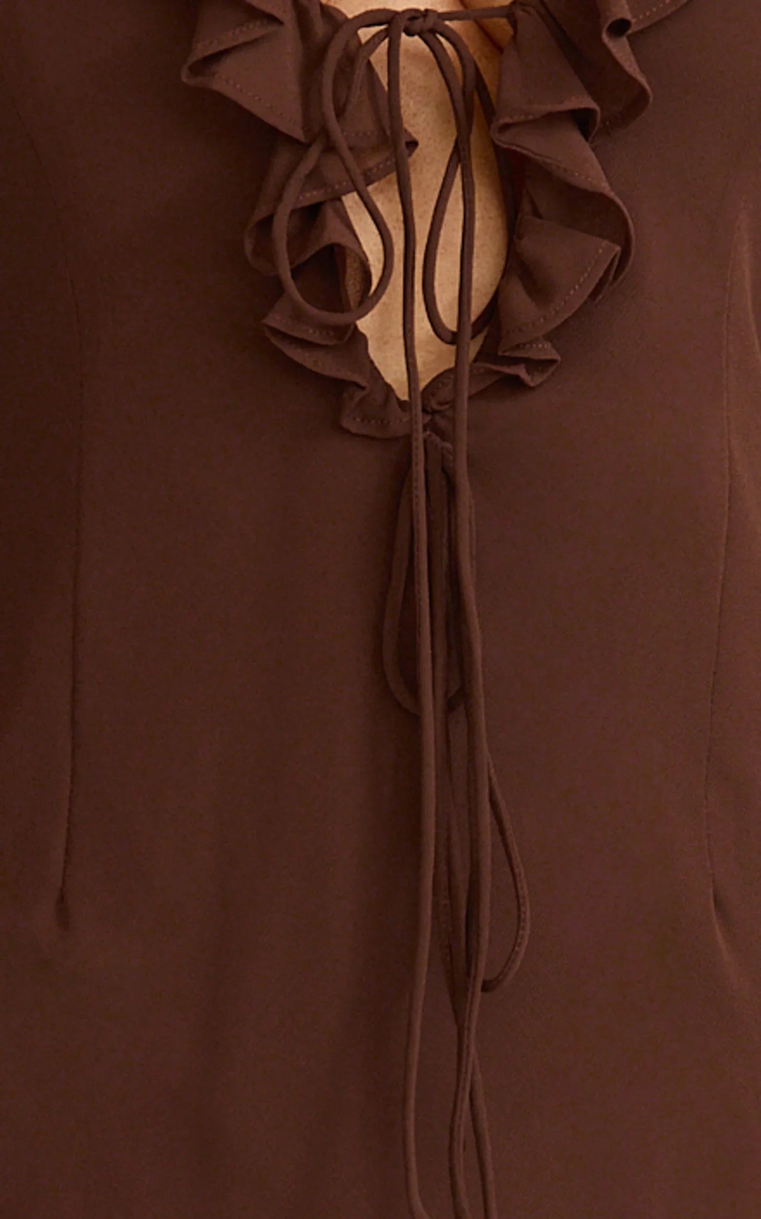 Alesya Mini Dress Ruffle Plunge Neck Long Sleeve Tie Detail Dress in Chocolate