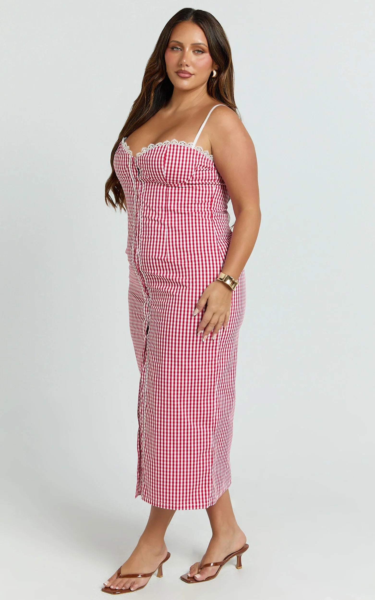 Anessa Midi Dress Button Front Bustier Fitted Dress in Red Gingham