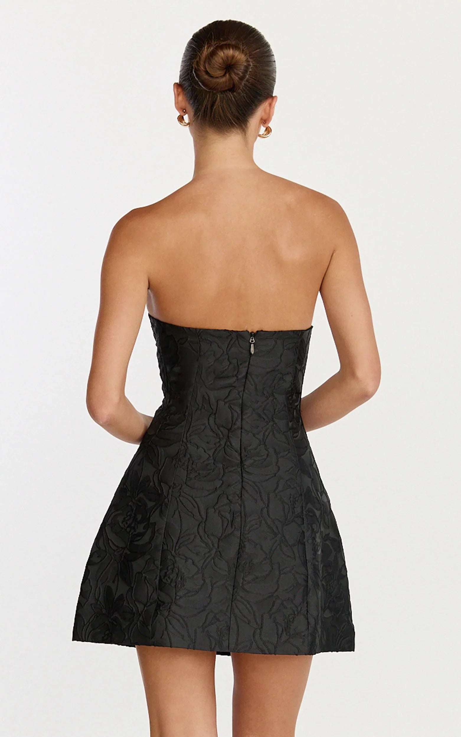 Rosalie Mini Dress Strapless Jacquard Floral Mini Dress in Black