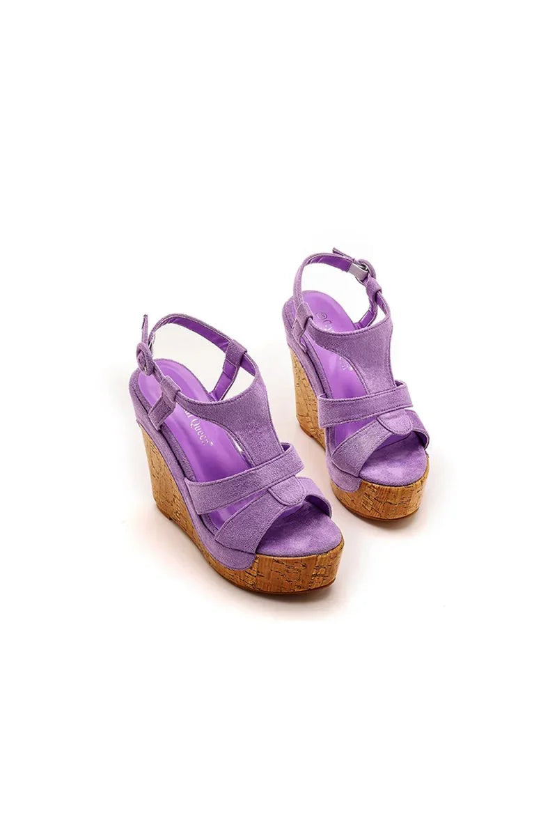 Suede Wood Grain Peep Toe Platform Wedges Sandals