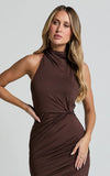 Olenna Midi Dress Halter Neck Twist Detail Tie Back Dress in Chocolate