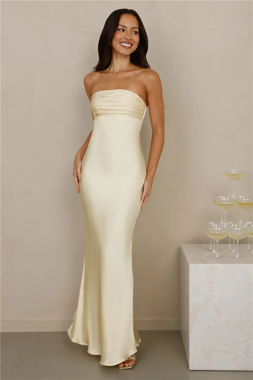 The Seraphina Strapless Satin Maxi Dress Yellow