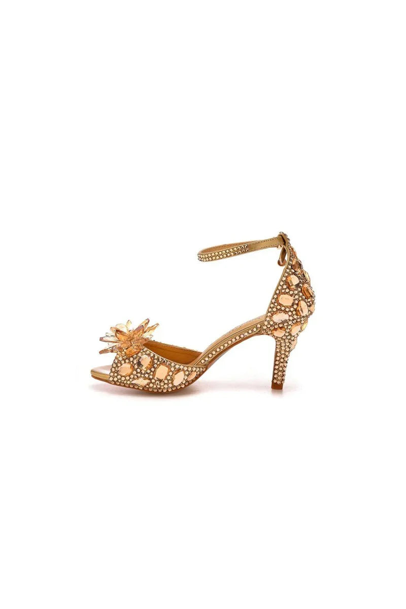 Crystal Rhinestone Decor Peep Toe Stiletto Ankle Strap High Heels