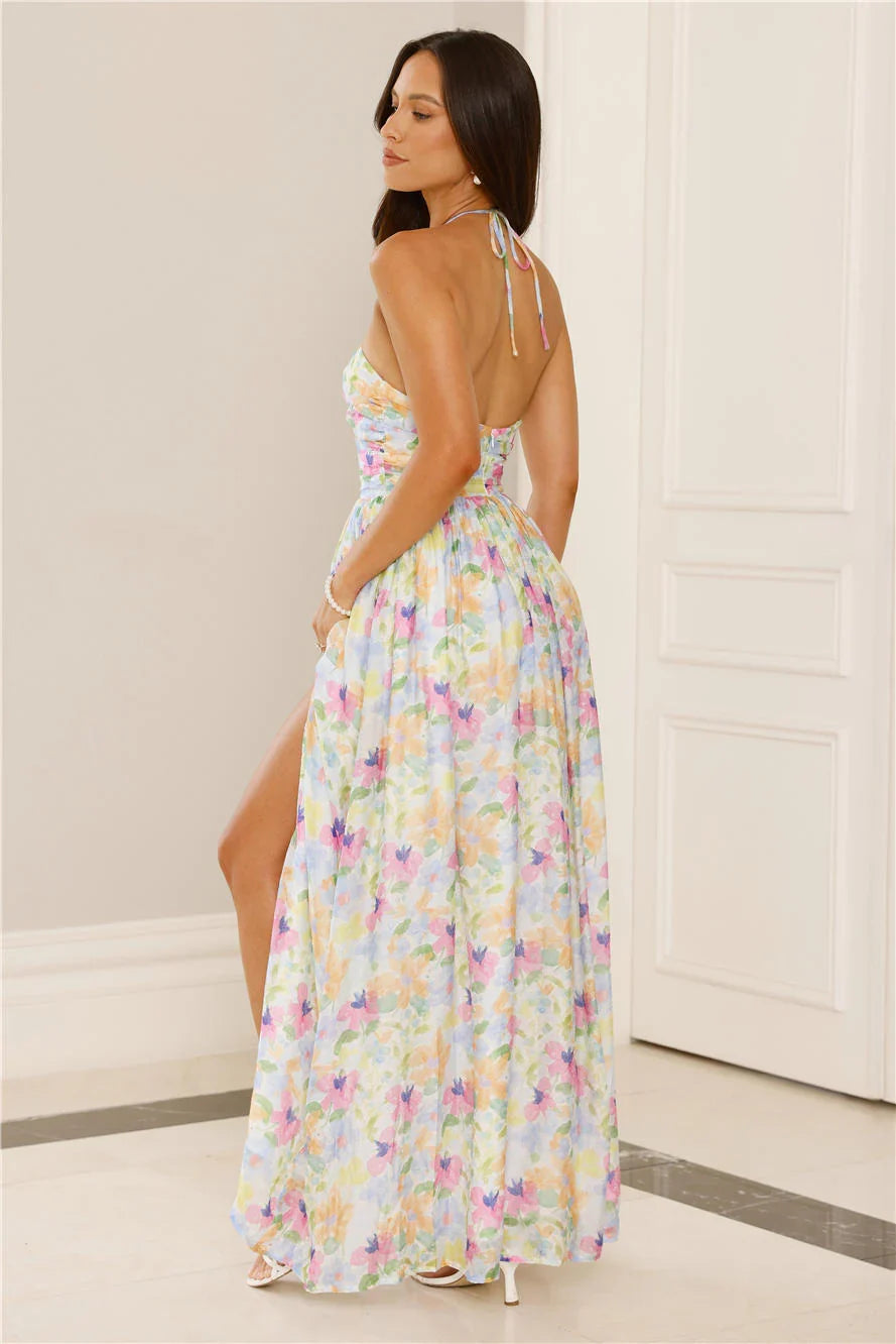 Hibiscus Hues Halter Maxi Dress Print