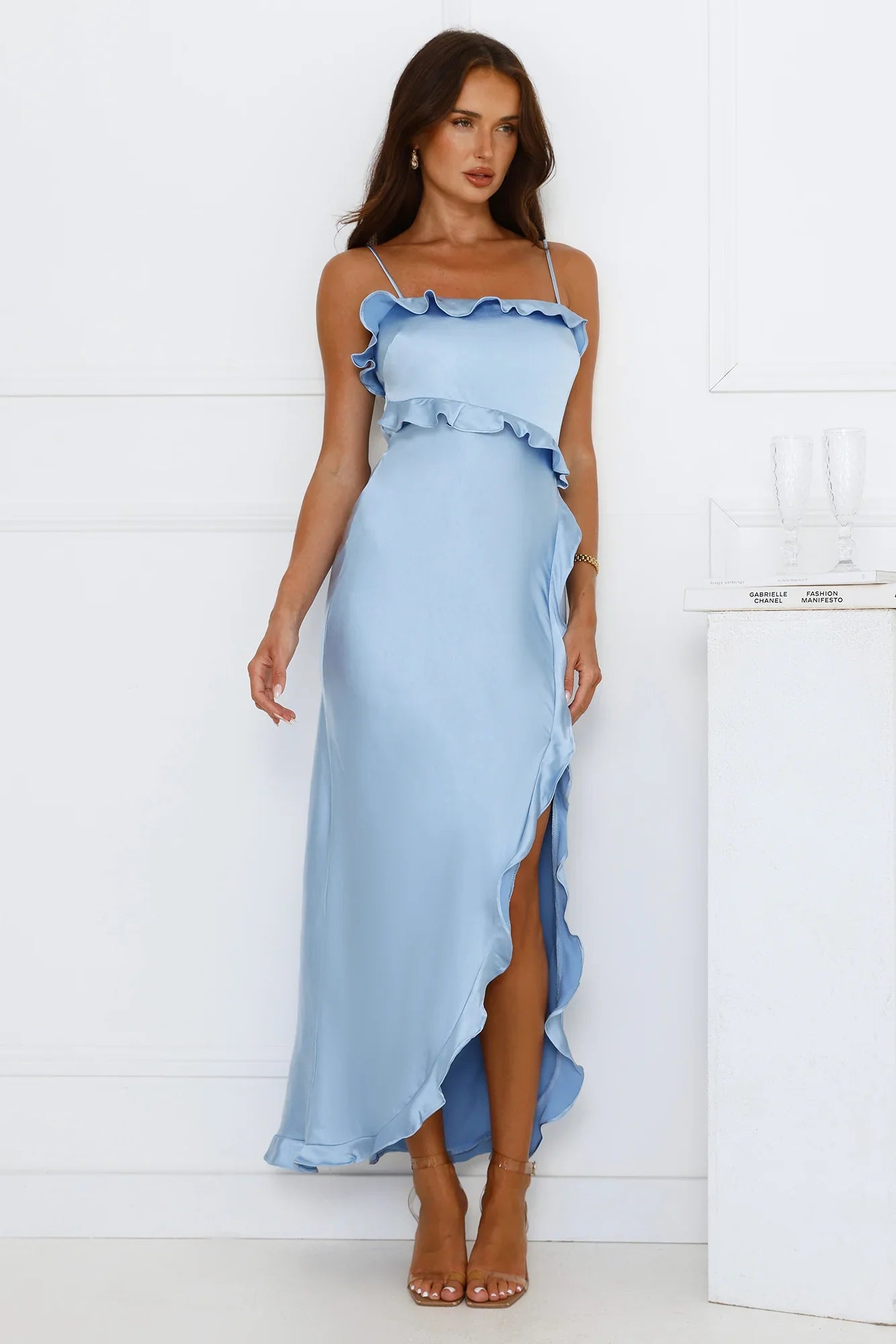Vibrant Vixen Satin Maxi Dress Blue