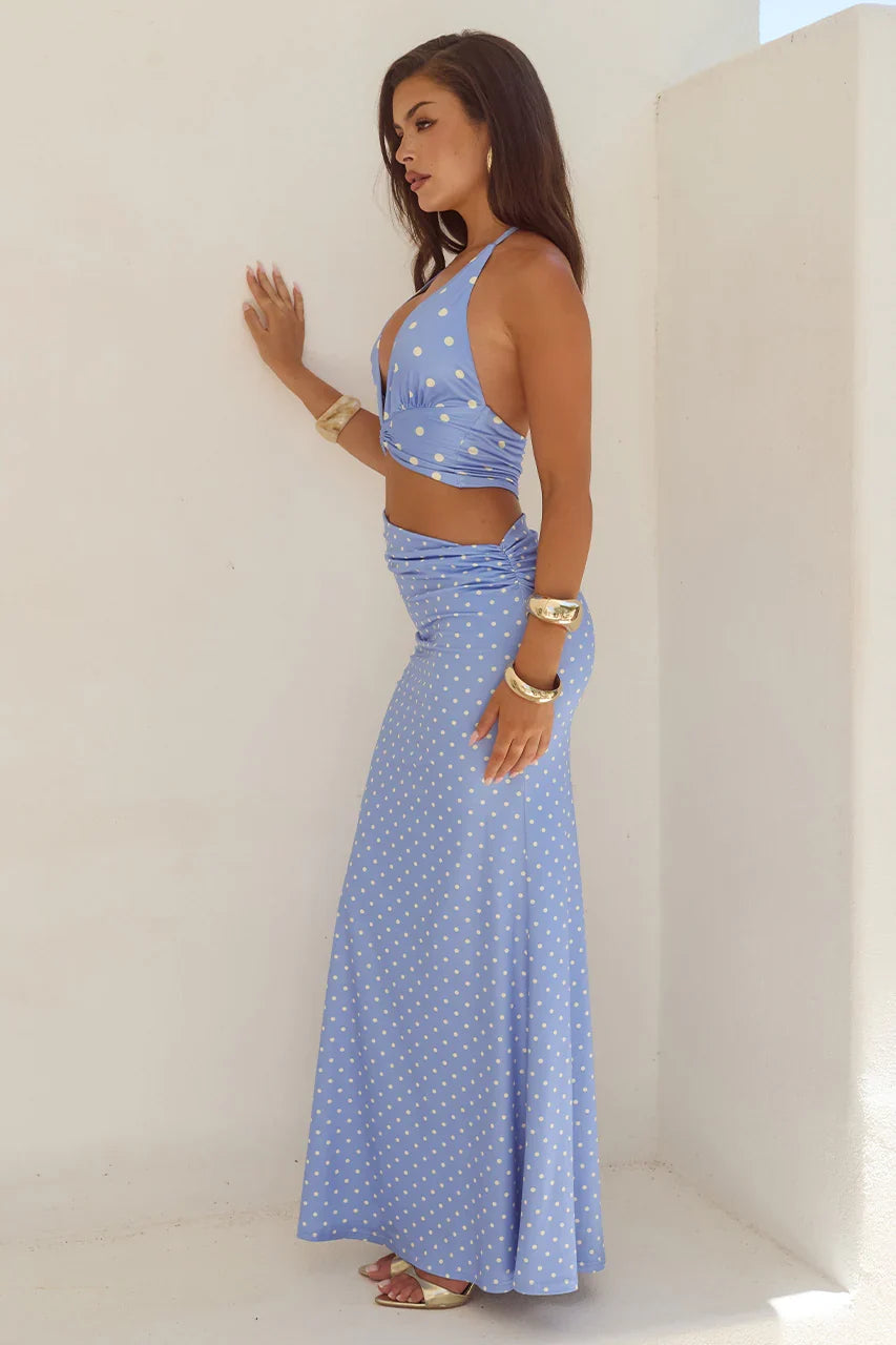LUMIA HALTER CUTOUT MAXI DRESS PERIWINKLE LEMON POLKA