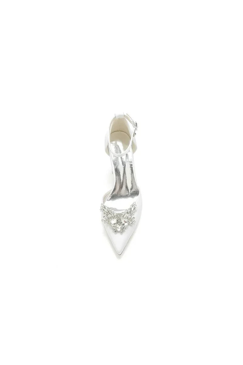 Rhinestone Pointed Toe Ankle Strap Satin Chunky Heel