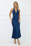 Nocturnal Bloom Satin Halter Maxi Dress Navy