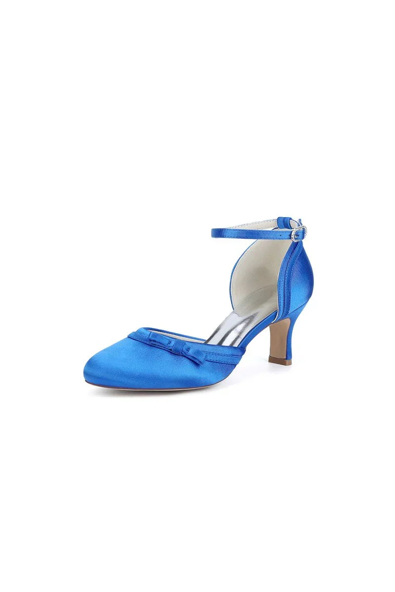 Navy Blue Satin High Heels with Bow Accent