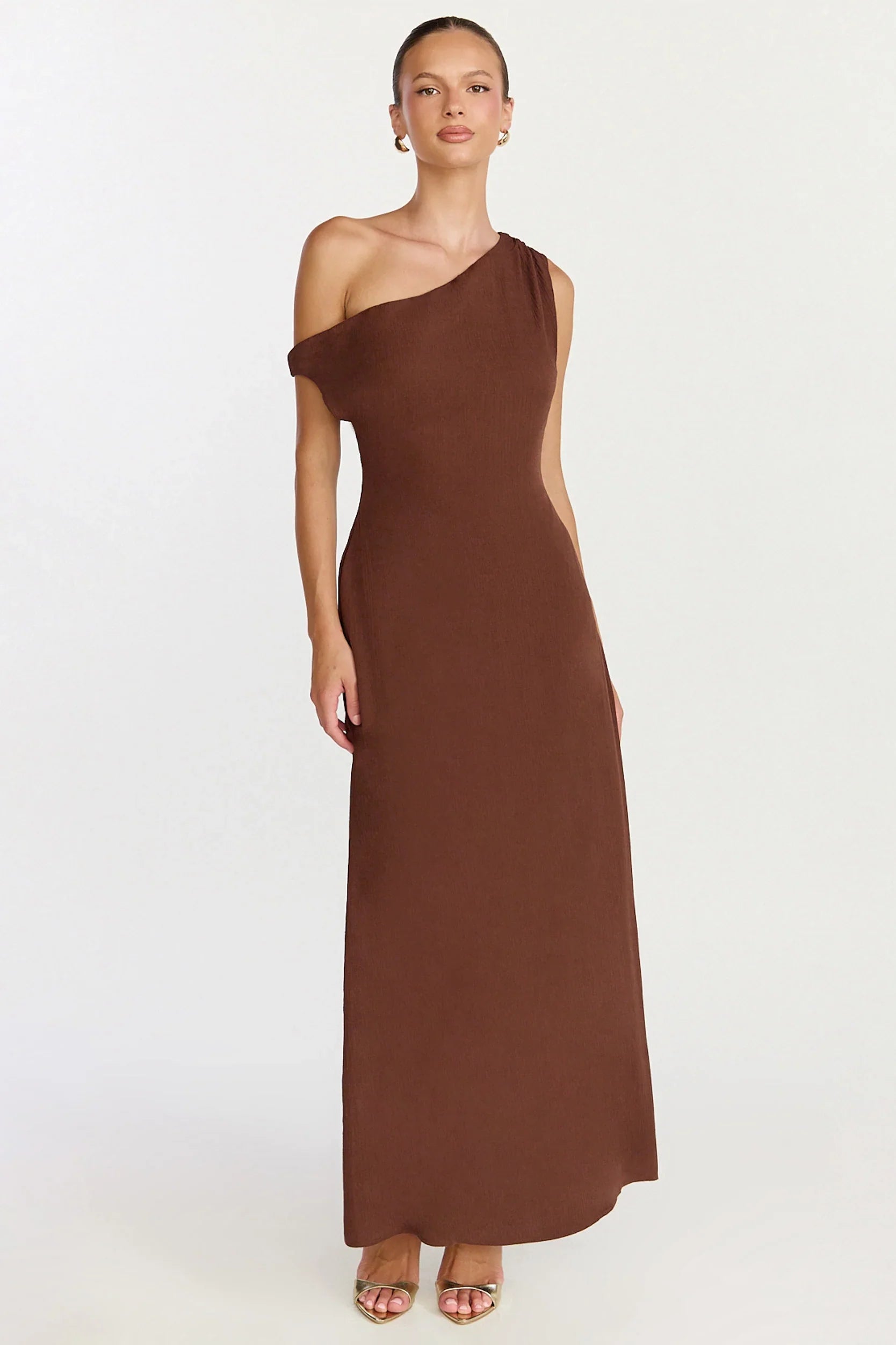 Aurelie Maxi Dress Off Shoulder Column Dress in Chocolate