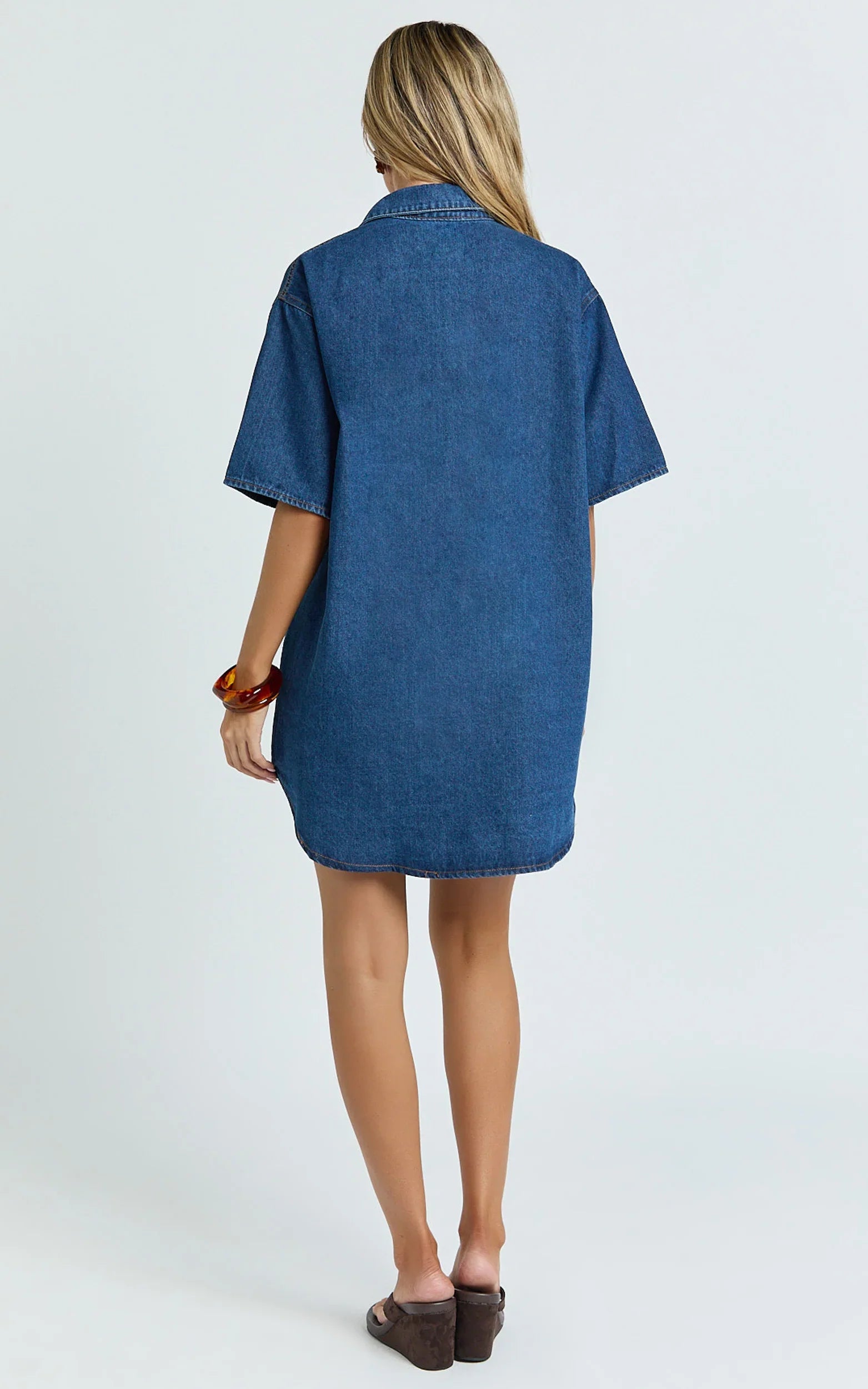Richelle Mini Dress Short Sleeve Denim Shirt Dress in Mid Blue