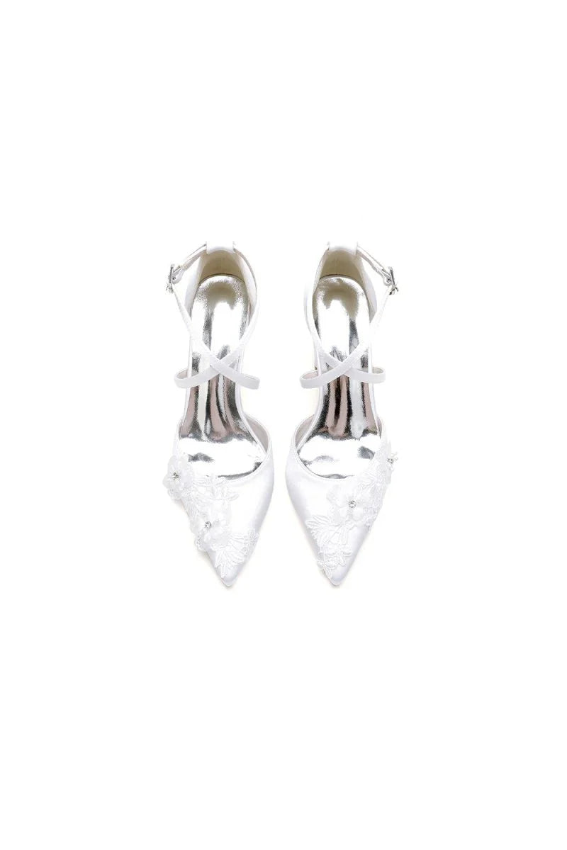 Pointed Toe Ivory Chunky Heels with Lace