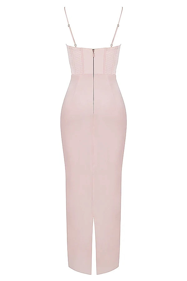 blush pink corset maxi dress