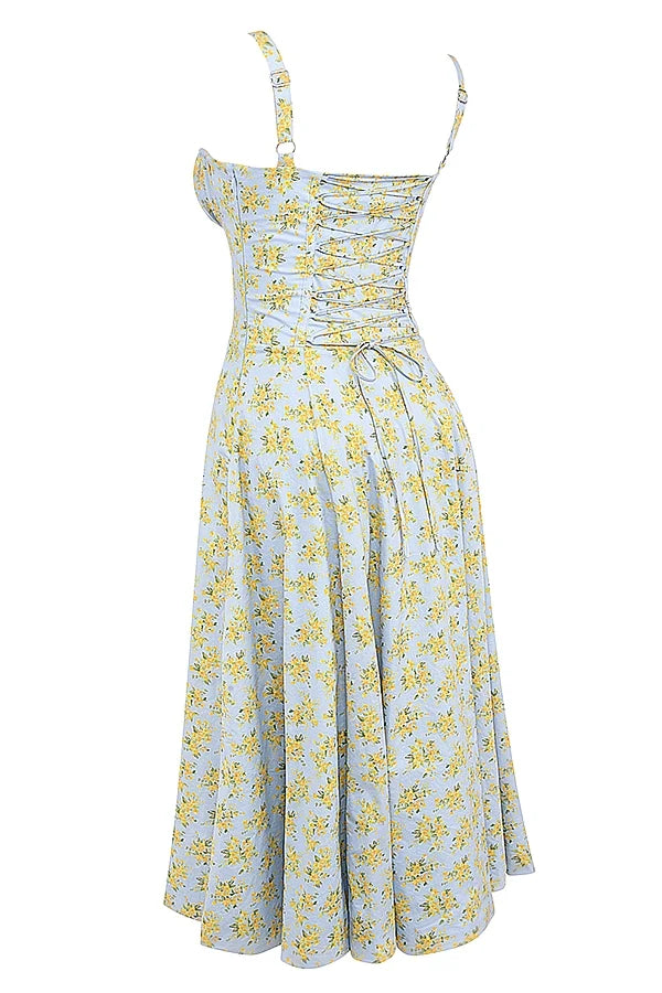 soft blue vintage floral print cotton bustier sundress