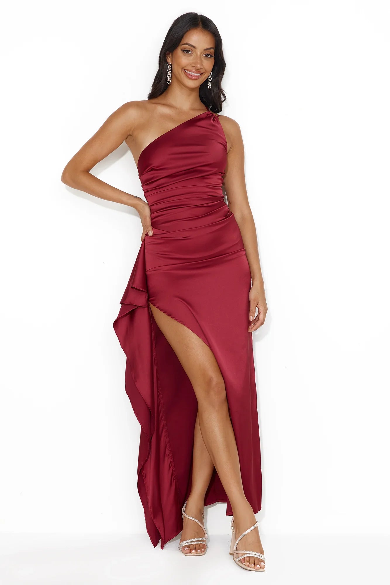Extra Special One Shoulder Satin Maxi Dress Wine