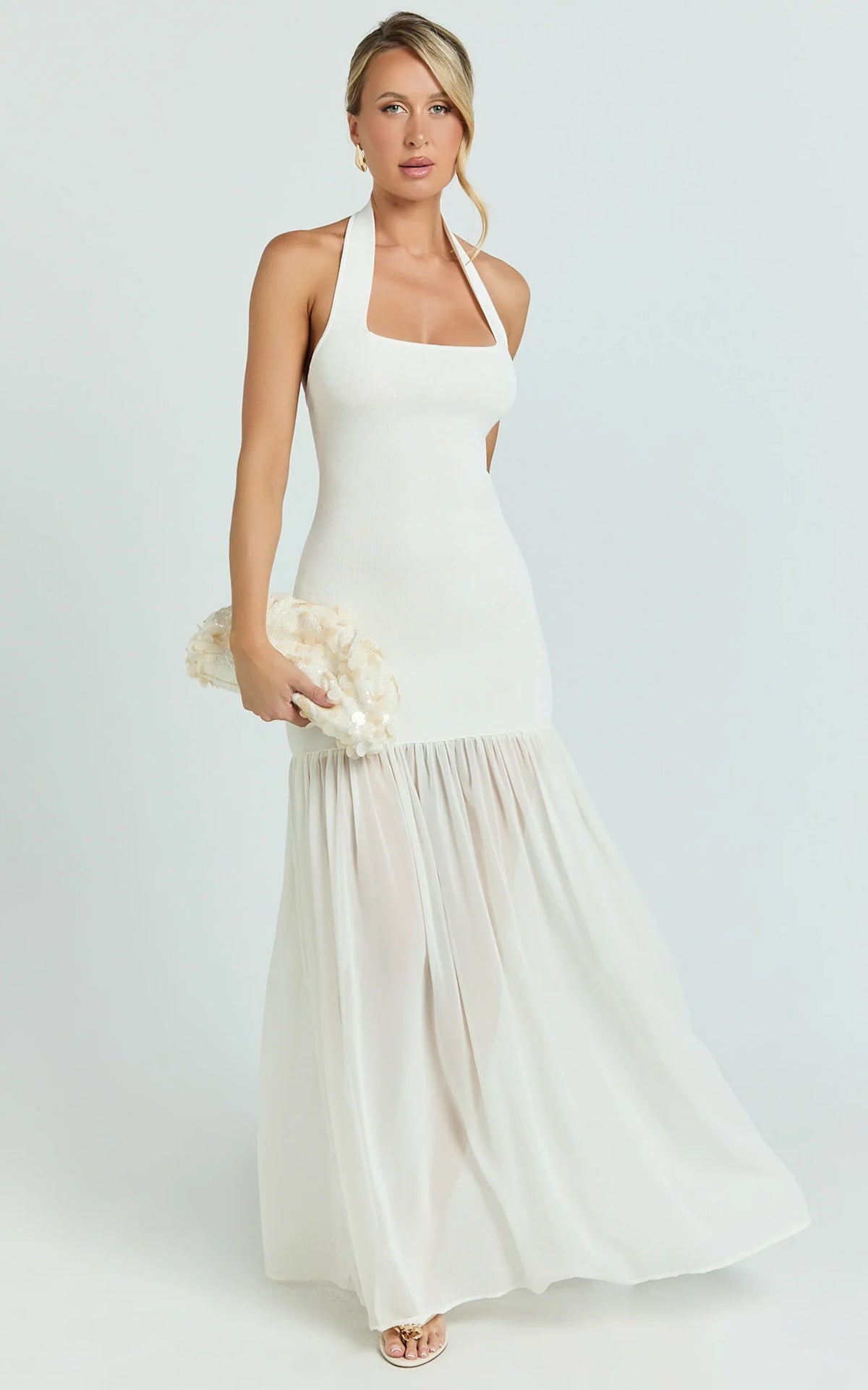 Barbara Maxi Dress Halter Scoop Neck Contrast Georgette Dress in Ivory